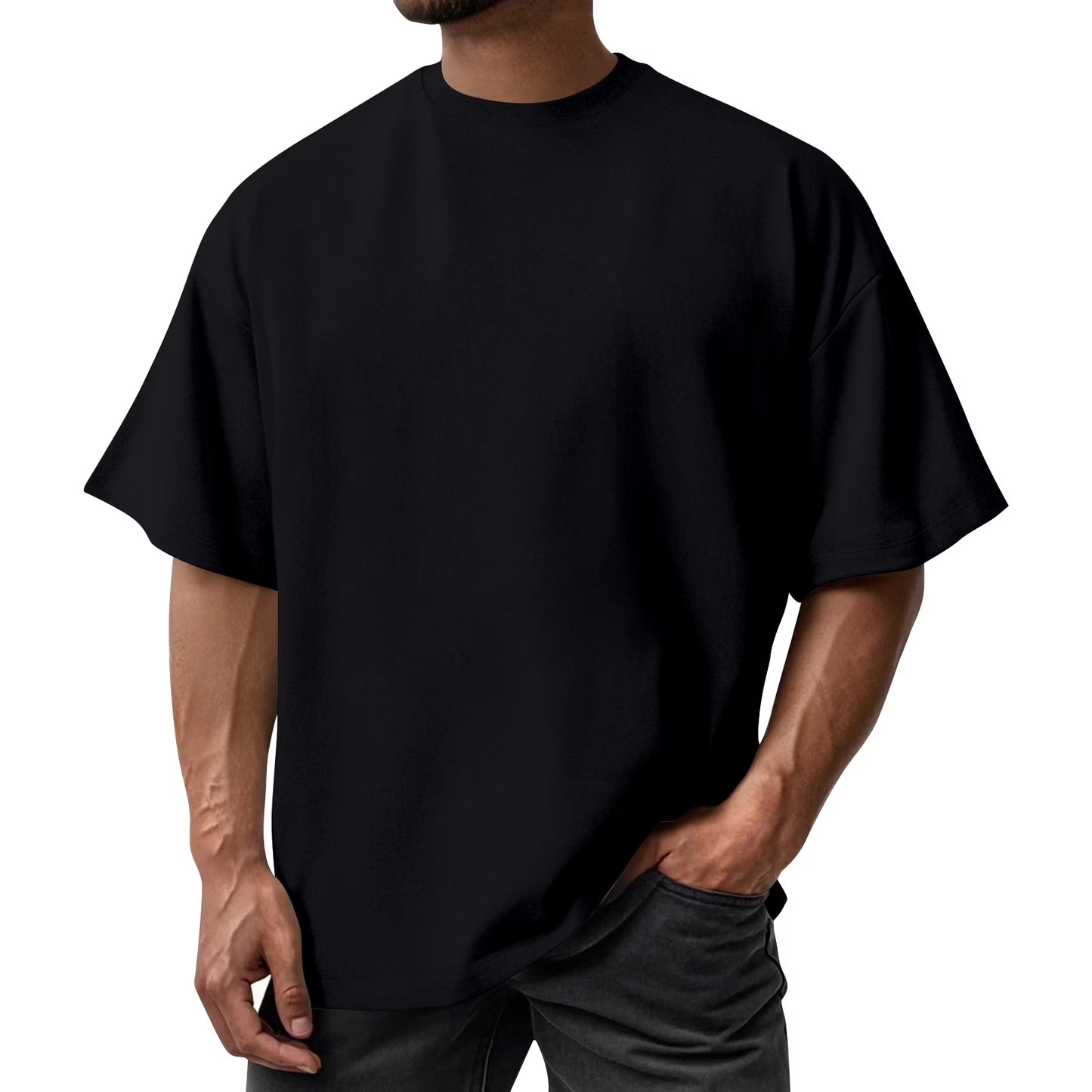 Men's Oversized Cotton T Shirt Drop Shoulder Breathable Heavyweight Tee Casual Crew Neck Short Sleeve Loose Summer Basic Tops, #02 Black, XXL