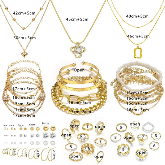 Affordable Gold Plated Jewelry Set - 5 Necklace, 14 Bracelet, 20 Earring Pairs, 20 Knuckle Rings