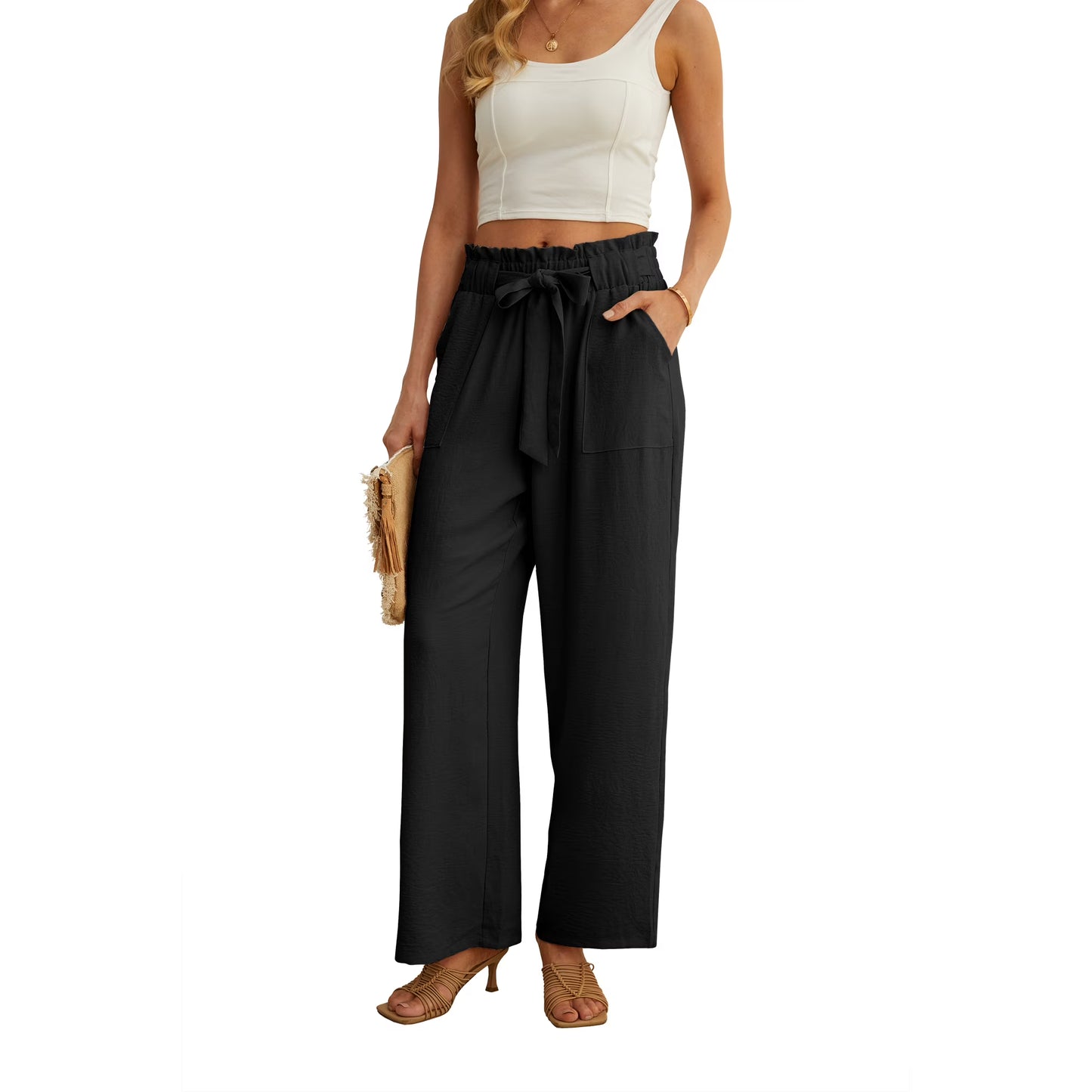 JWD Women's Wide Leg Pants with Pockets High Waist Adjustable Knot Loose Casual Trousers Business Work Casual Pants Black