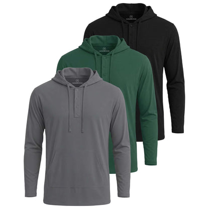 Real Essentials 3 Pack: Men's Cotton Henley Pullover Hoodie Casual Workout Comfort Long Sleeve Hooded Sweatshirt Big & Tall