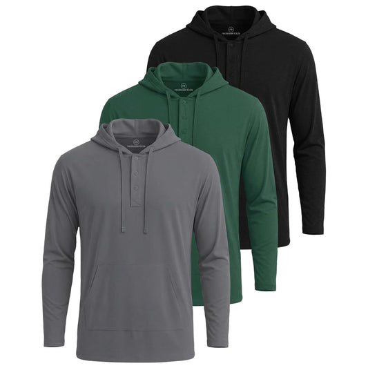 Real Essentials 3 Pack: Men's Cotton Henley Pullover Hoodie Casual Workout Comfort Long Sleeve Hooded Sweatshirt Big & Tall
