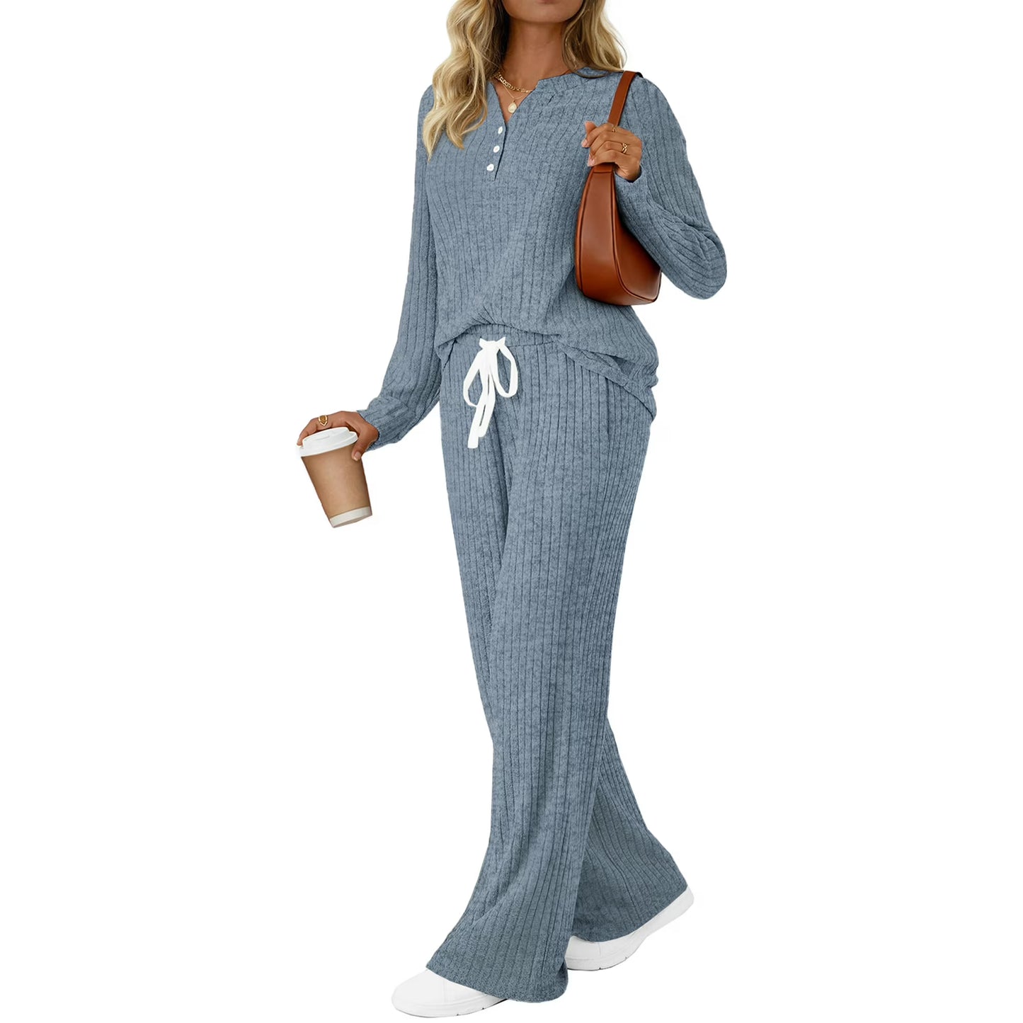 Fantaslook Two Piece Lounge Sets for Women Fall Travel Outfits Henley Neck Sweater tops Wide Leg Pants Matching Sets Pajamas Clothes