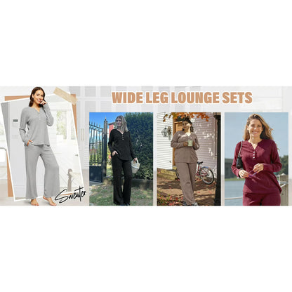 Fantaslook Two Piece Lounge Sets for Women Fall Travel Outfits Henley Neck Sweater tops Wide Leg Pants Matching Sets Pajamas Clothes