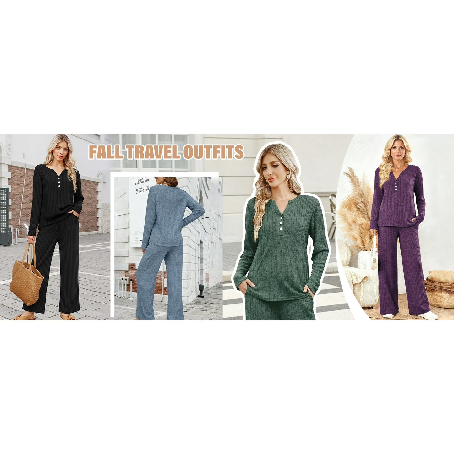 Fantaslook Two Piece Lounge Sets for Women Fall Travel Outfits Henley Neck Sweater tops Wide Leg Pants Matching Sets Pajamas Clothes