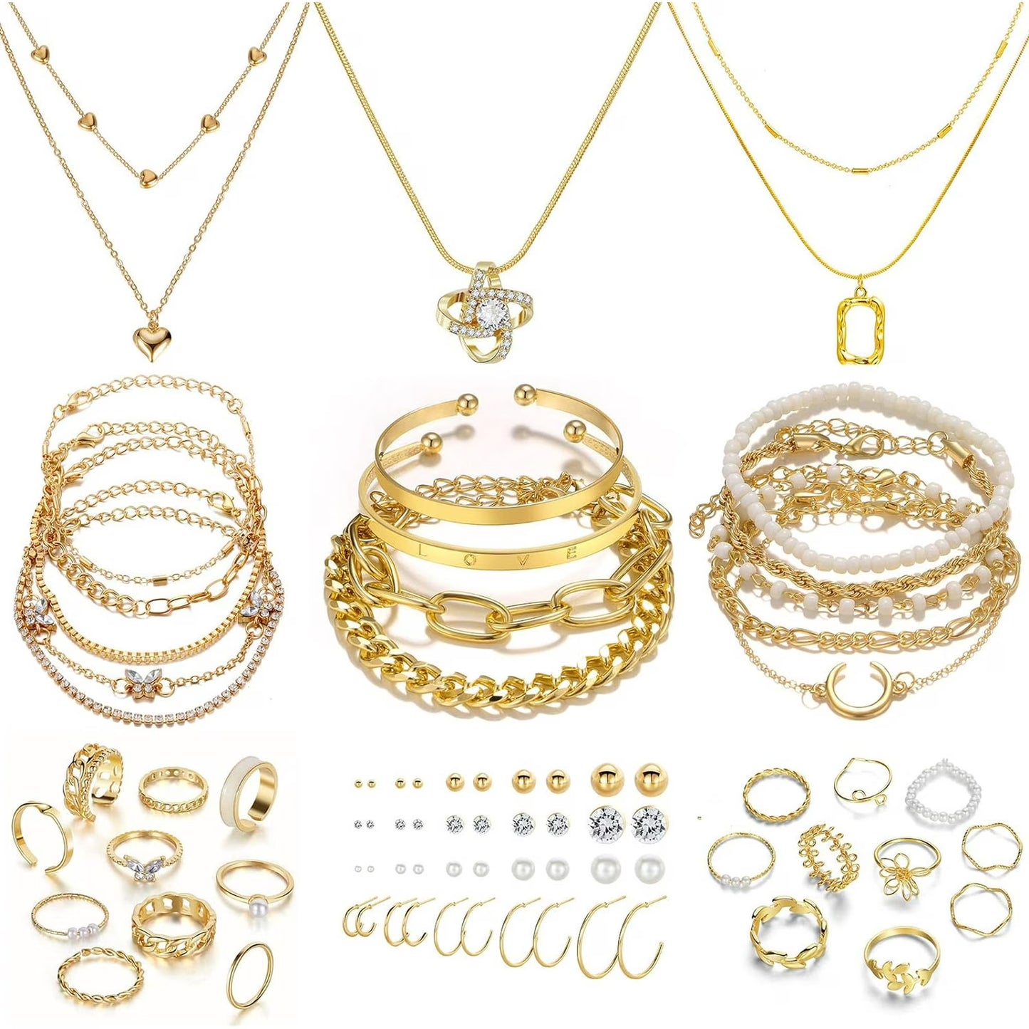 Affordable Gold Plated Jewelry Set - 5 Necklace, 14 Bracelet, 20 Earring Pairs, 20 Knuckle Rings