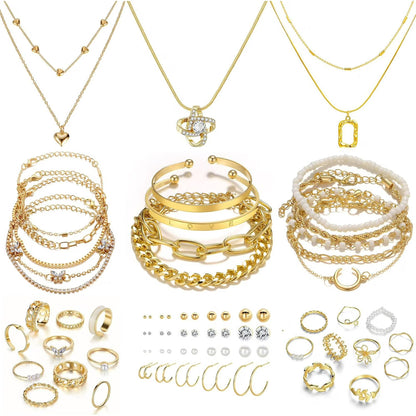 Affordable Gold Plated Jewelry Set - 5 Necklace, 14 Bracelet, 20 Earring Pairs, 20 Knuckle Rings
