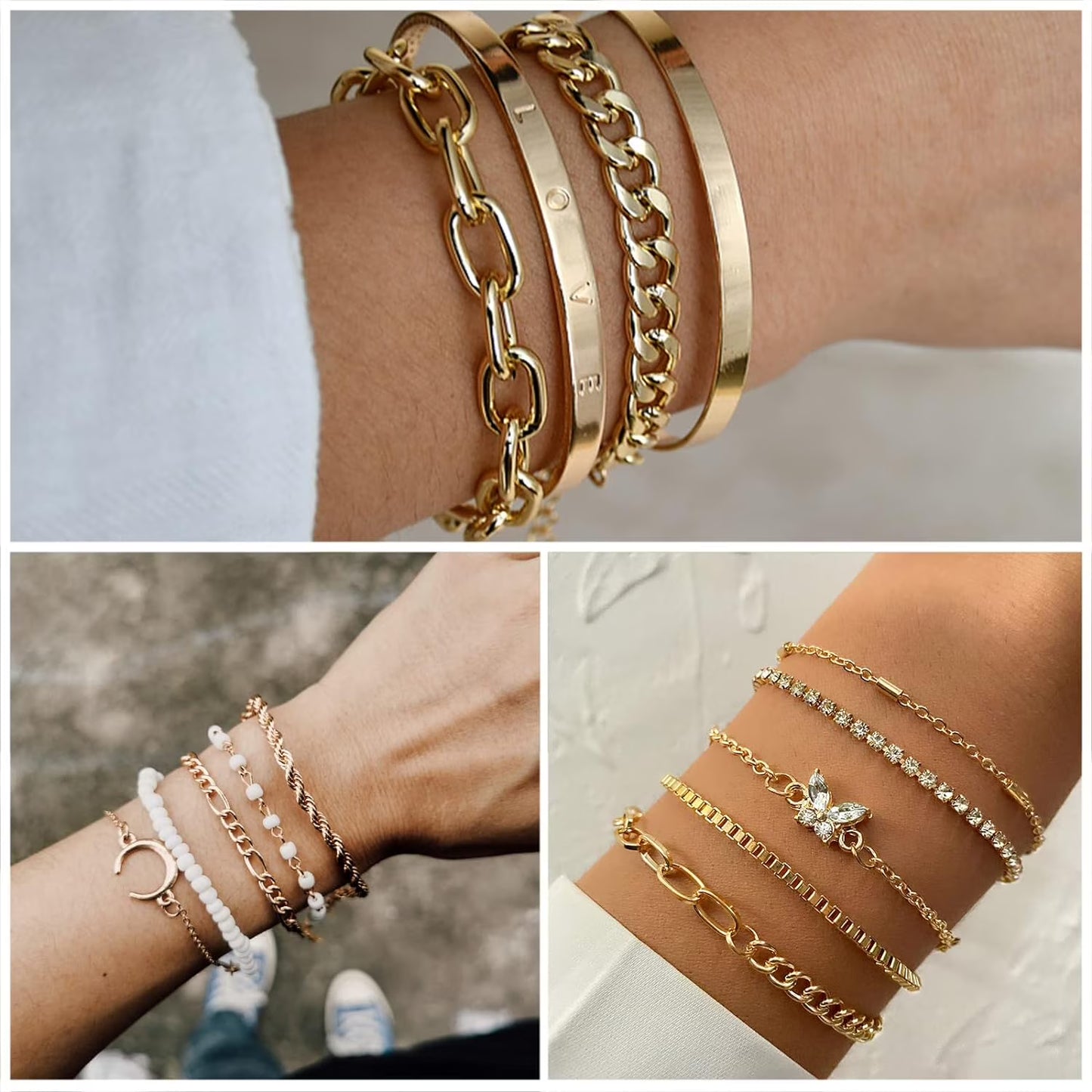 Affordable Gold Plated Jewelry Set - 5 Necklace, 14 Bracelet, 20 Earring Pairs, 20 Knuckle Rings