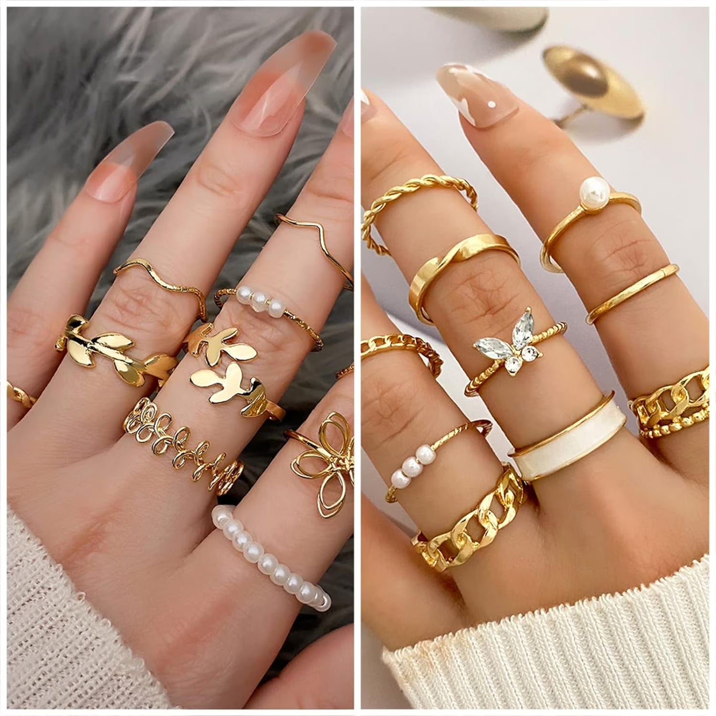 Affordable Gold Plated Jewelry Set - 5 Necklace, 14 Bracelet, 20 Earring Pairs, 20 Knuckle Rings