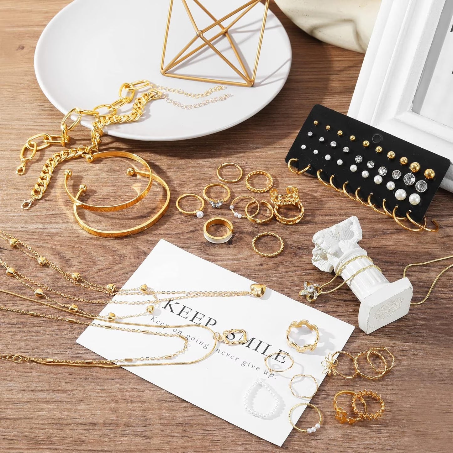Affordable Gold Plated Jewelry Set - 5 Necklace, 14 Bracelet, 20 Earring Pairs, 20 Knuckle Rings