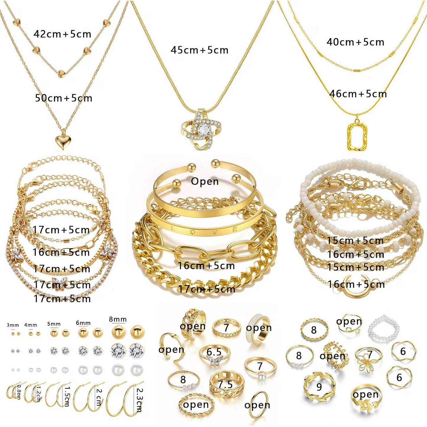 Affordable Gold Plated Jewelry Set - 5 Necklace, 14 Bracelet, 20 Earring Pairs, 20 Knuckle Rings