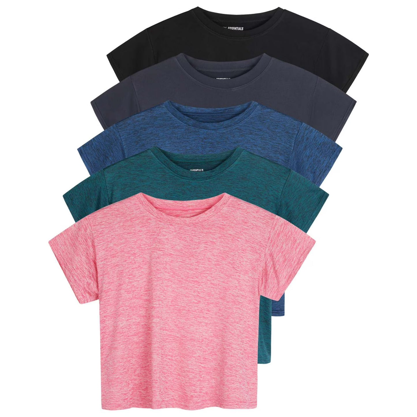Real Essentials 5 Pack: Women's Dry Fit Crop Top - Short Sleeve Crew Neck Stretch Athletic Tee (Available in Plus Size)