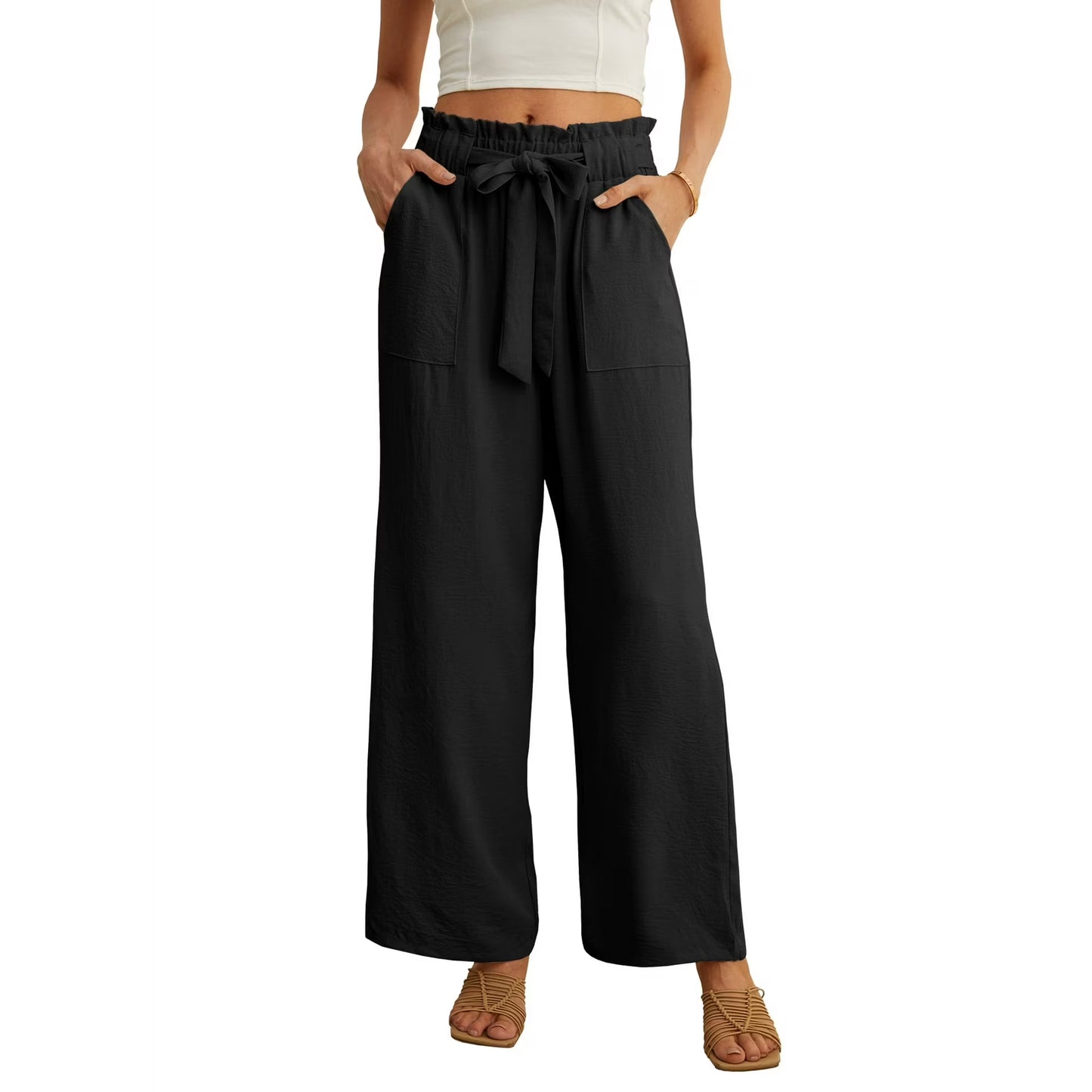 JWD Women's Wide Leg Pants with Pockets High Waist Adjustable Knot Loose Casual Trousers Business Work Casual Pants Black
