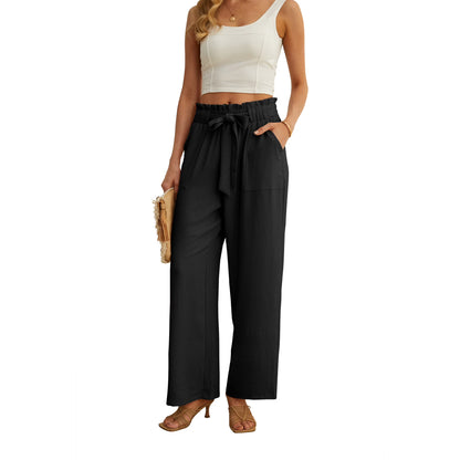 JWD Women's Wide Leg Pants with Pockets High Waist Adjustable Knot Loose Casual Trousers Business Work Casual Pants Black