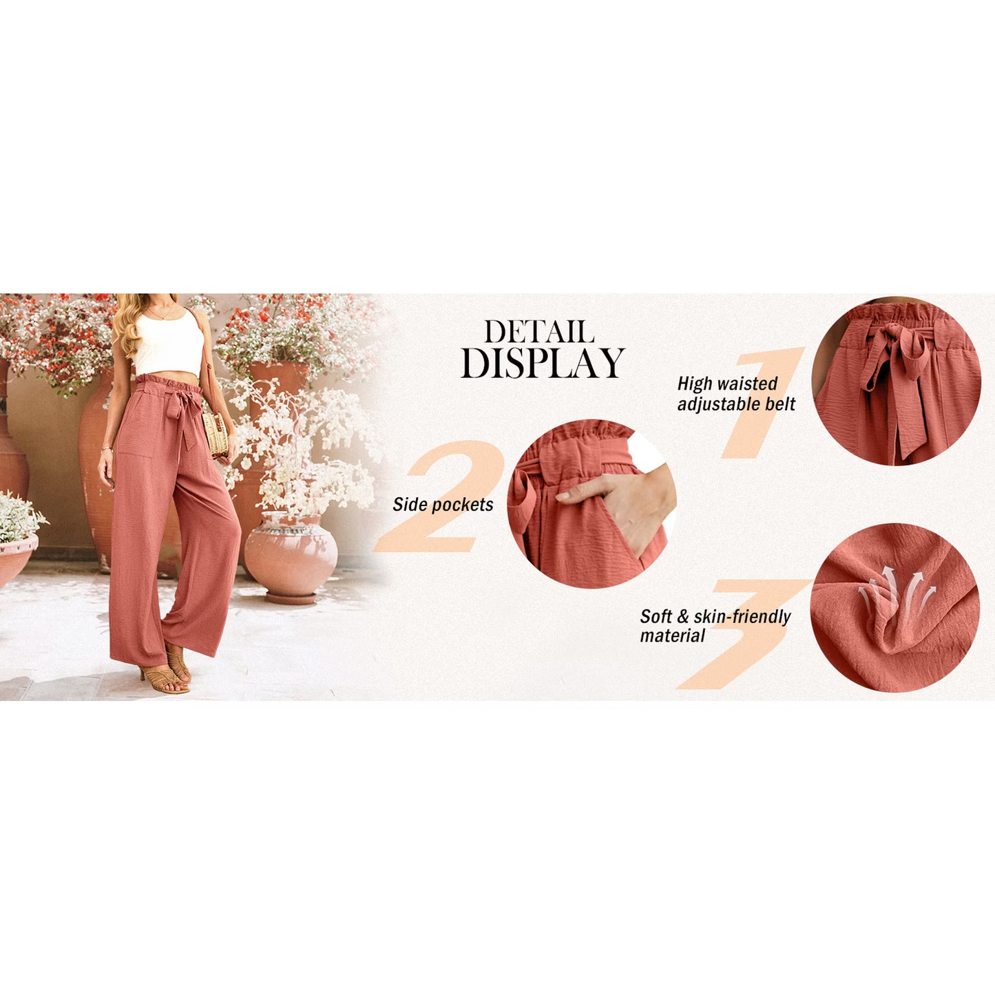 JWD Women's Wide Leg Pants with Pockets High Waist Adjustable Knot Loose Casual Trousers Business Work Casual Pants Black