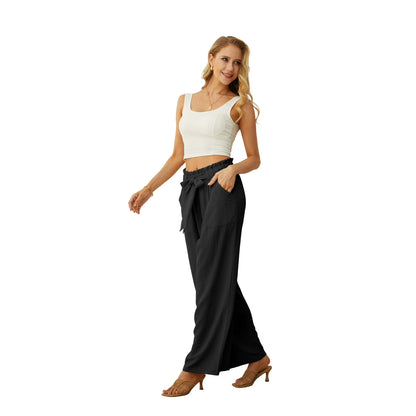 JWD Women's Wide Leg Pants with Pockets High Waist Adjustable Knot Loose Casual Trousers Business Work Casual Pants Black
