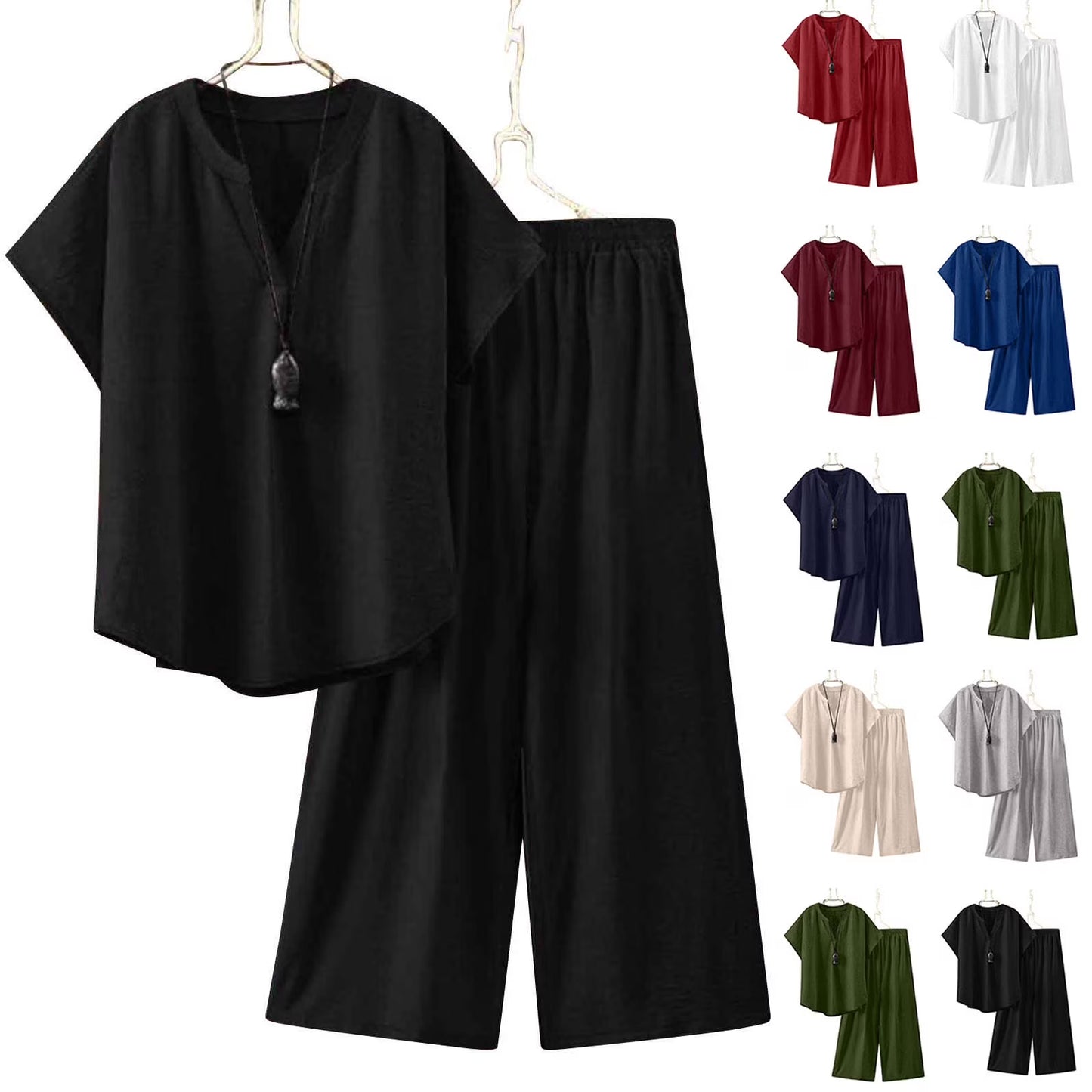Women's Loose Casual Linen Short Sleeved Top and Pants Outfit Set Trousers Bottoms Two Piece Co-Ord Solid Color Soft Breathable Flowy Lounge Home Beach Vacation Travel Essentials