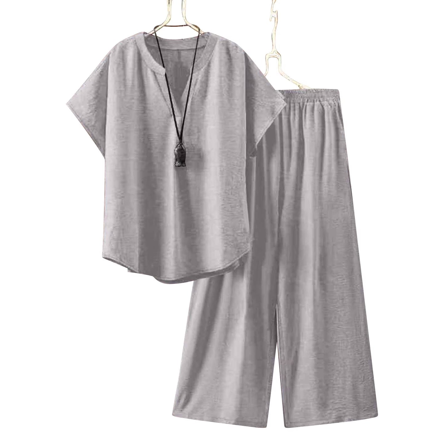 Women's Loose Casual Linen Short Sleeved Top and Pants Outfit Set Trousers Bottoms Two Piece Co-Ord Solid Color Soft Breathable Flowy Lounge Home Beach Vacation Travel Essentials