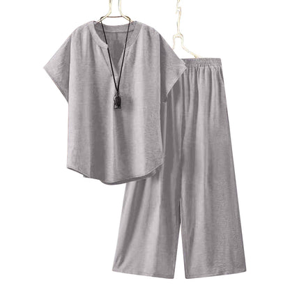 Women's Loose Casual Linen Short Sleeved Top and Pants Outfit Set Trousers Bottoms Two Piece Co-Ord Solid Color Soft Breathable Flowy Lounge Home Beach Vacation Travel Essentials
