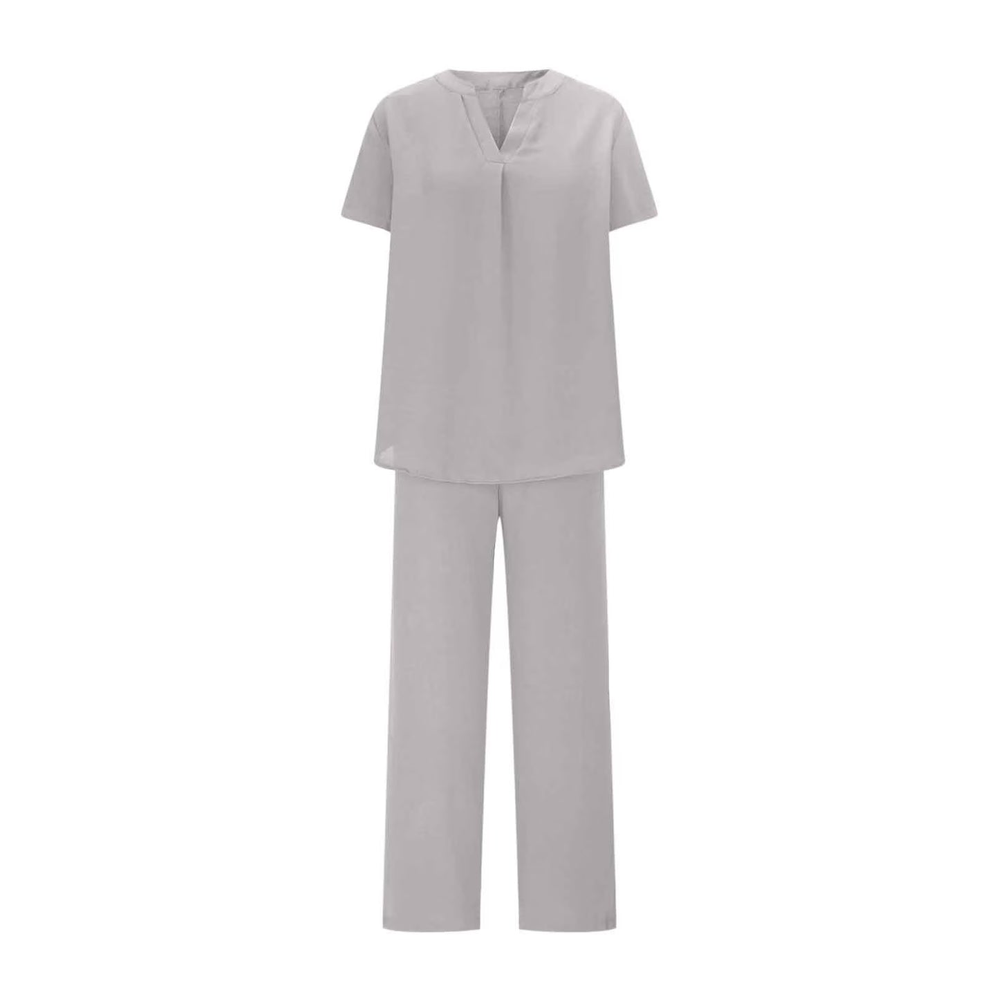 Women's Loose Casual Linen Short Sleeved Top and Pants Outfit Set Trousers Bottoms Two Piece Co-Ord Solid Color Soft Breathable Flowy Lounge Home Beach Vacation Travel Essentials