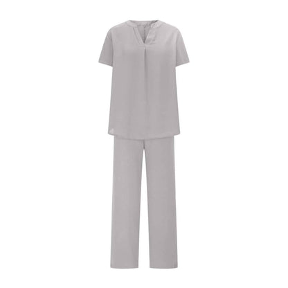 Women's Loose Casual Linen Short Sleeved Top and Pants Outfit Set Trousers Bottoms Two Piece Co-Ord Solid Color Soft Breathable Flowy Lounge Home Beach Vacation Travel Essentials